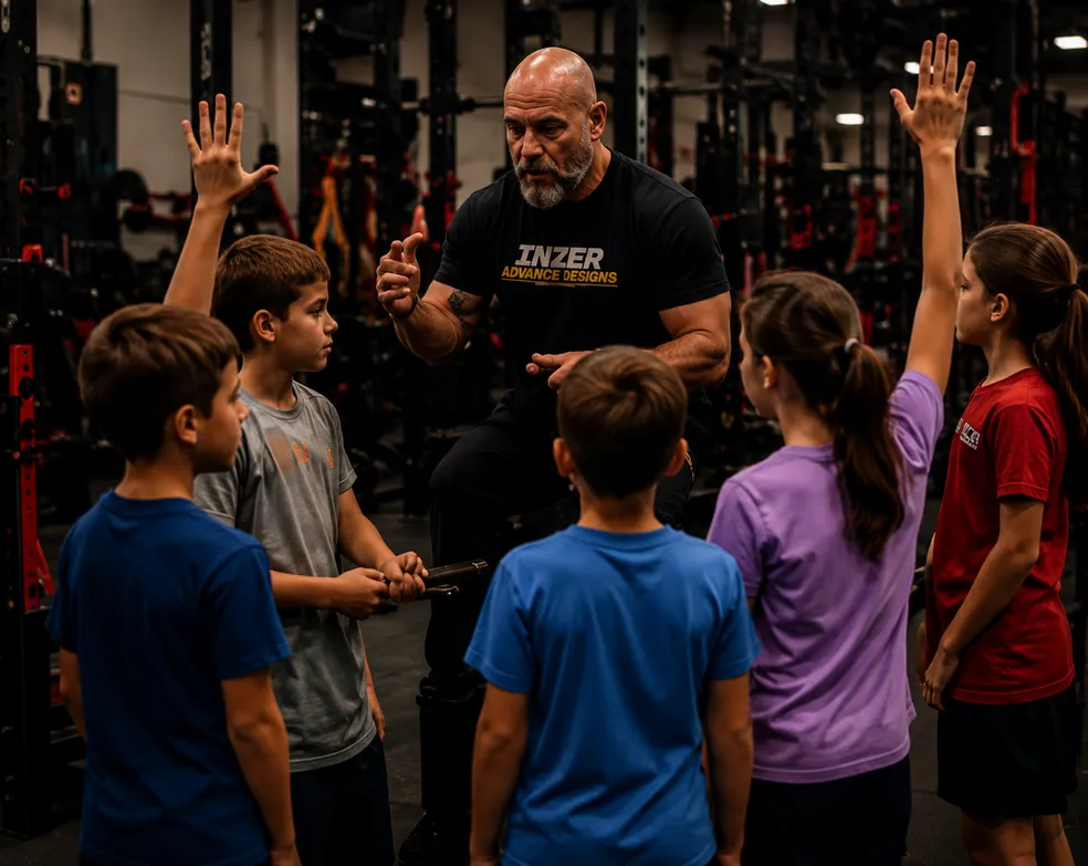 Coach Serhii Ryzhuk working with young athletes