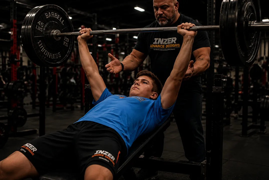 Teen athlete bench press training under coach supervision