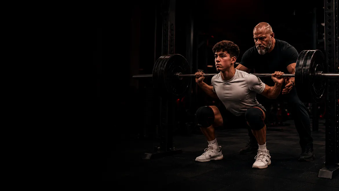 Coach Serhii Ryzhuk spotting a teen athlete during a barbell squat at GAINS GYM in Palatine, IL